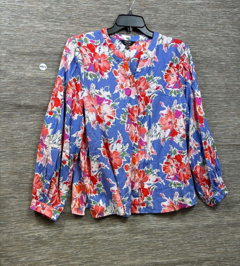 Nicole By Nicole Miller Blouse Womens XL Blue Floral Henley Long Sleeve Top NEW
